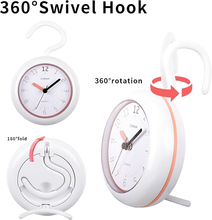 OSTAR Waterproof Bathroom Shower Clock, Analog Quartz Clock Hanging Stand Dual Purpose, One AA Battery Operated 4.72 inch Round Size