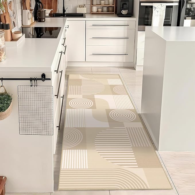 Beige Geometric 2x6 Runner Rug for Hallway Kitchen Bedroom White Machine Washable Mid Century Modern Rug Non Slip Low Pile Minimalist Line Rugs Long Floor Mat Carpet for Bathroom Laundry,Beige
