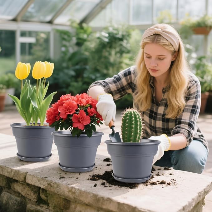 Myfeegoin 8-inch-Plant-Pots-Indoor-Outdoor, 4 Pack Plastic Planters with Drainage Holes & Saucers, Resin Flower Pots with Trays, Classic Garden Pot Container for House