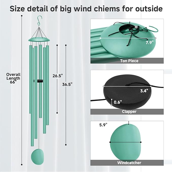 66" Extra Large Wind Chimes for Outside Deep Tone,6 Thick and Bold Aluminum Tubes Tuned Relaxing Melody Wind Chime,Big Wind Chimes for Garden Patio Decor, Great Gift Idea for Mother's Day(Ocean Blue)