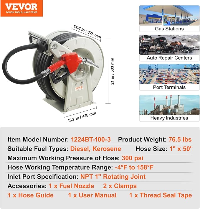 VEVOR Fuel Hose Reel, 1" x 50', Extra Long Retractable Diesel Hose Reel, Heavy-Duty Carbon Steel Construction with Automatic Fuel Nozzle, NBR Rubber Hose for Aircraft Ship Vehicle Tank Truck, 300 PSI