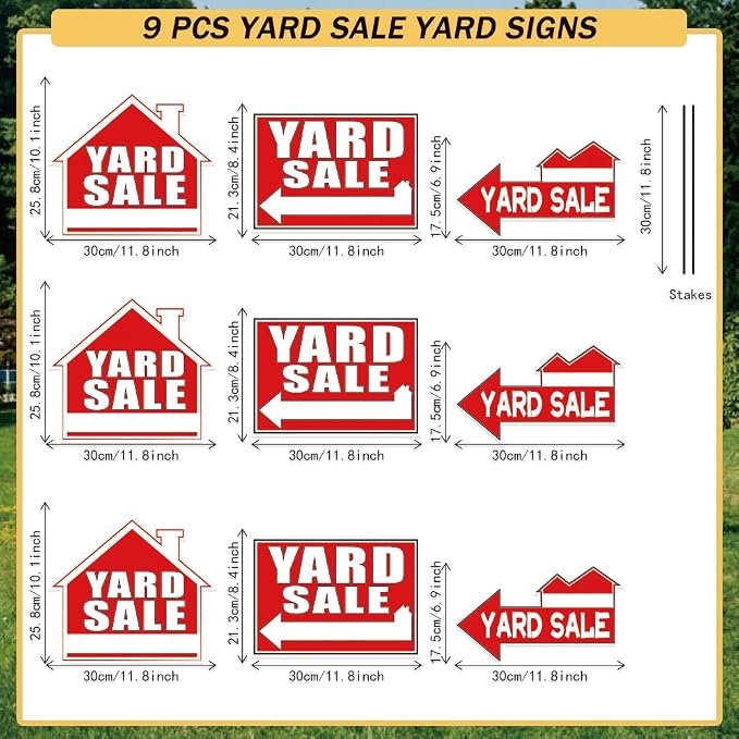 SUPERDANT 9Pcs Yard Sale Yard Sign with 18 Stakes Courtyard Auction Lawn Decorations Courtyard Sale Waterproof Sign Yard Outdoor Red and White Lawn Decorative Sign for Garden Lawn Decoration