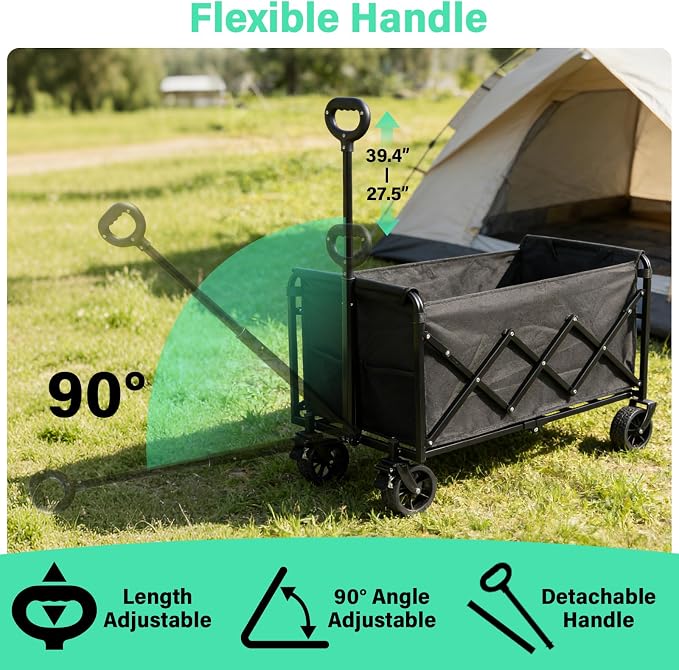 Upgraded Heavy Duty Foldable Wagon – 550LBS Capacity, All-Terrain Wheels & Brakes, Large Collapsible Cart for Beach, Camping, Grocery & Sports (Black)