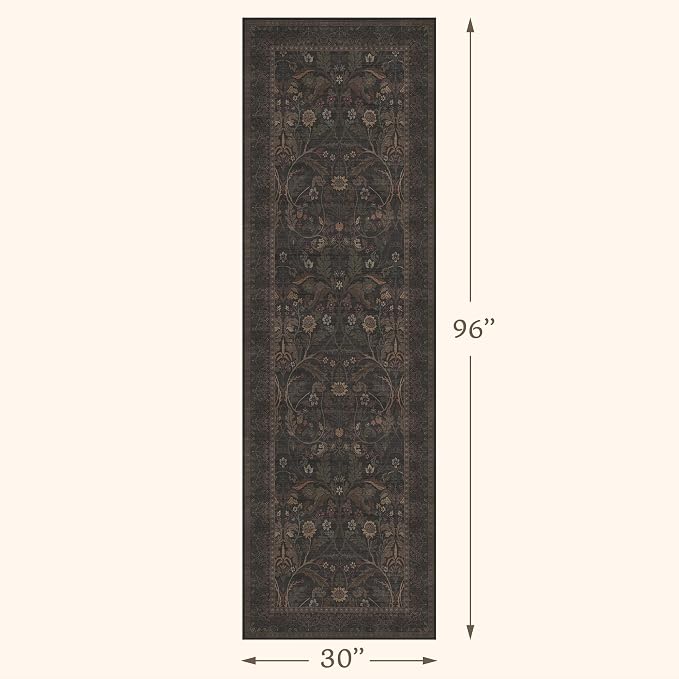 Washable Hallway Runner Rug 2'6"x8' - Floral Thin Entryway Rugs Indoor Non Slip, Traditional Botanical & Sunflower Kitchen Floor Mats (Brown and Black)