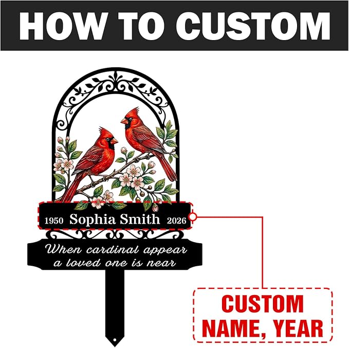 Personalized Cardinal Garden Sign with Stakes, Custom Name Sign, Yard Decor Outdoor, Memorial Gift for Mom, Garden Plaque Memorial Gifts, loss loved Ones Cardinal Sign