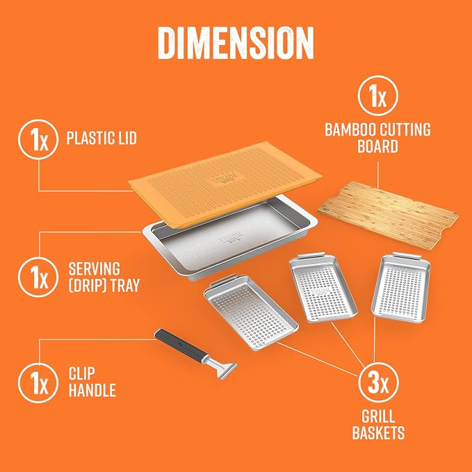 Yukon Glory™ BBQ 'N SERVE Premium Set, Includes 3 Grill Baskets, Serving Tray, Bamboo Cutting Board, Plastic Lid and Clip-on Handle | 7-piece complete set | RUST-PROOF & WARP-PROOF | Bamboo board | Serving station | Clip-on handle | Dishwasher safe