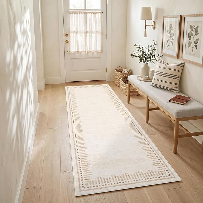 Garvee Washable Hallway Runner Rug 2x6 Non Slip Neutral Scalloped Runners | Beige Low Pile Stain Resistant Kitchen Runner Mat Solid Color Modern Geometric Living Room Bedroom Nursery Entry Area Rugs