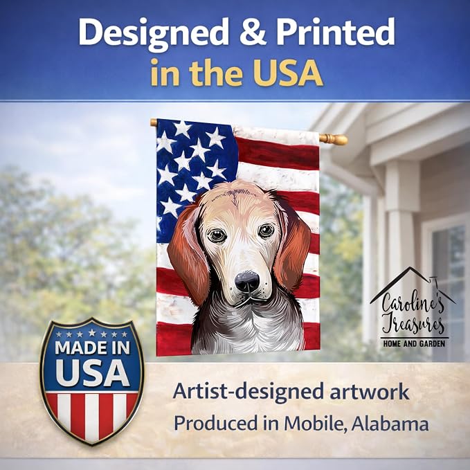 Caroline's Treasures CK6517CHF Estonian Hound Dog American Flag House Flag Large Porch Sleeve Pole Decorative Outside Yard Banner Artwork Wall Hanging, Polyester, House Size, Multicolor