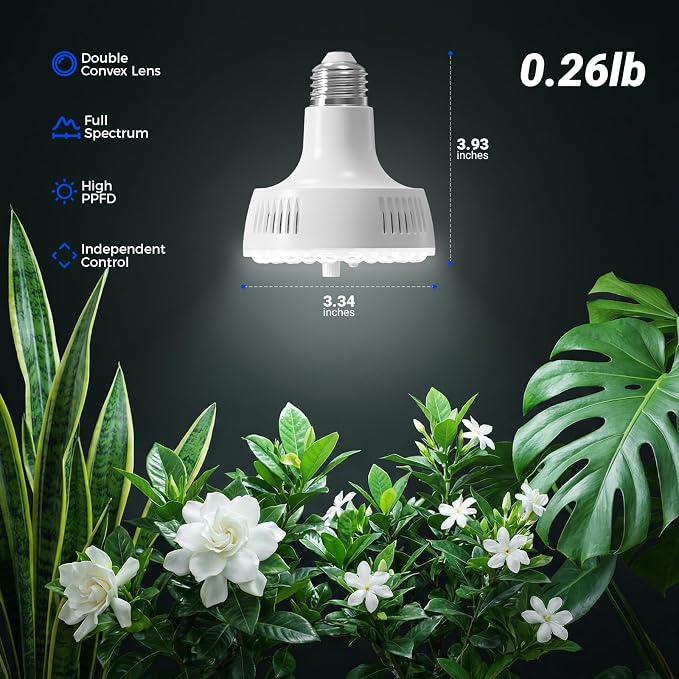 Barrina Orbgrow OG11A Grow Light Bulbs for Indoor Plants, Integrated Dimming & Timing, 5000K 22W(2 x 11W, 200 Watt Equiv), E26 Plant Light Bulb, Full Spectrum for Seeds and Greens, 2 Packs, White