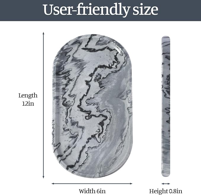 Koville Natural Marble Tray, 12"x6" Decorative Tray for Countertop, Catchall for Perfume, Candles, Jewelry Dish Elephant Grey