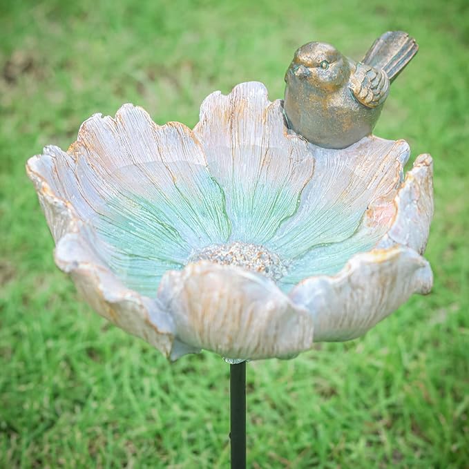 MUMTOP Outdoor Antique Bird Bath Small Flower Bird Baths Bowl Resin Birdbaths for the Garden with Metal Stake