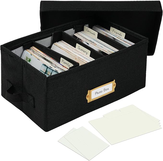 Linen Photo Storage Box with Adjustable Hook and Loop Dividers, Holds 850 4"x6" Photos, Collapsible Picture Organizer with Handle and Label Stickers, Memory Keepsake Box for Women, Black