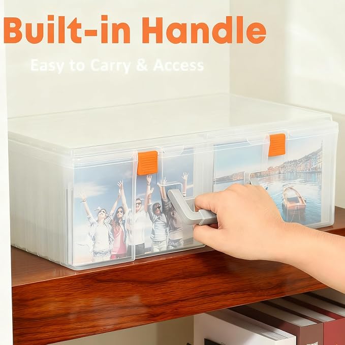 NINU Photo Storage Box with Handle, 5" x 7" Photo Organizer Storage Container with 18 Inner Case and 1 Sheet Blank Labels for Pictures, Arts, Crafts, Sewing, Seeds, Office Supplies (Clear)
