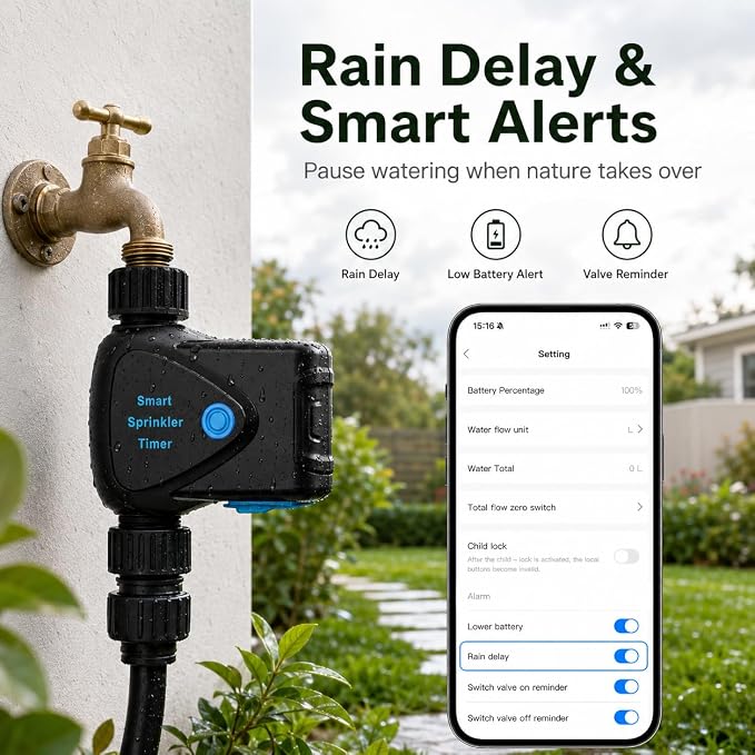 WiFi Water Timer with Built-in Flow Meter, Smart Garden Hose Controller, No Hub Required, 2.4GHz App Remote Control, Timed & Volume Watering, Rain Delay, IP65 Waterproof for Lawn Garden Greenhouse