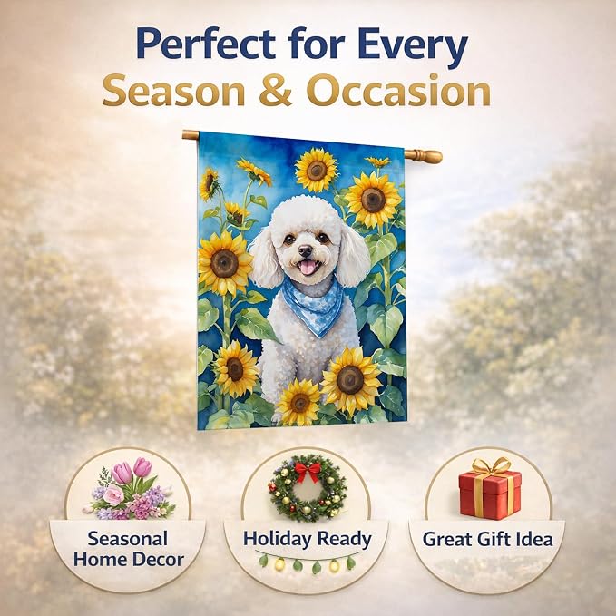 Caroline's Treasures DAC6141CHF White Poodle in Sunflowers House Flag Large Porch Sleeve Pole Decorative Outside Yard Banner Artwork Wall Hanging, Polyester, House Size, Multicolor