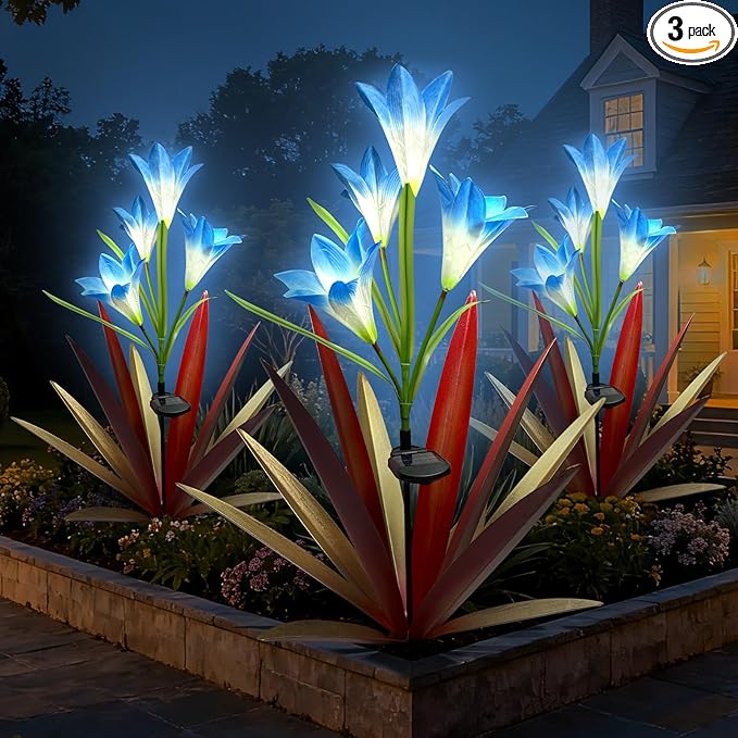 Homight Solar Metal Agave Lily Flower Garden Sculpture with LED Lights 30.3 Inch Waterproof Outdoor/Indoor Yard Decor Handmade Lawn Ornament Gift for Family Friends (3, Red)