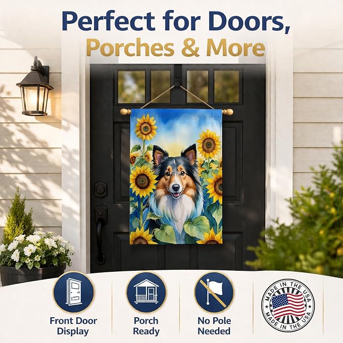 Caroline's Treasures DAC6160CHF Sheltie in Sunflowers House Flag Large Porch Sleeve Pole Decorative Outside Yard Banner Artwork Wall Hanging, Polyester, House Size, Multicolor