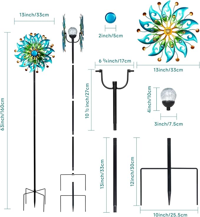 Solar Wind Spinners Outdoor, Yard Decorations Outdoor, Peacock Decor | Hand-Crafted Art,Weather-Resistant,Heavy-Duty,Whisper-Quiet Dual-Bearing,Auto-Glow Solar Crackle Ball,Stable 5-Prong Stake