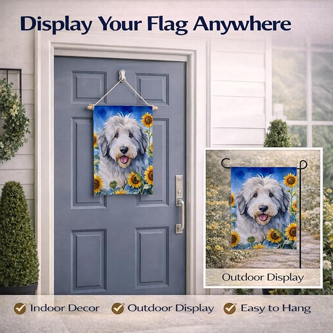 Caroline's Treasures DAC6129GF Old English Sheepdog in Sunflowers Garden Flag Mailbox Flag Decorative Yard Flag Banner Outside Patio Artwork Yard Flower Beds, Garden Size, Multicolor