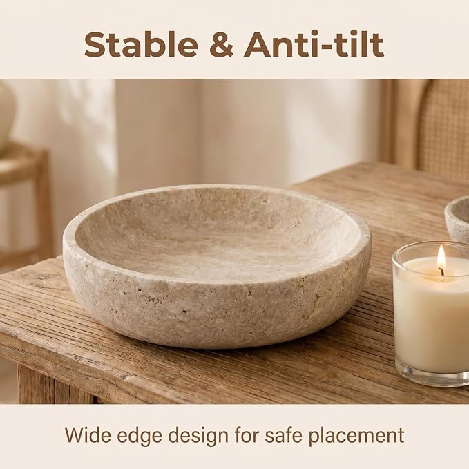 Natural Travertine Decorative Bowl 7.8", Travertine Bowl & Natural Stone Centerpiece for Coffee Table Decor, Ring Tray, For Entryway, Kitchen Fruit Bowl, Potpourri, Dining Table Centerpiece.