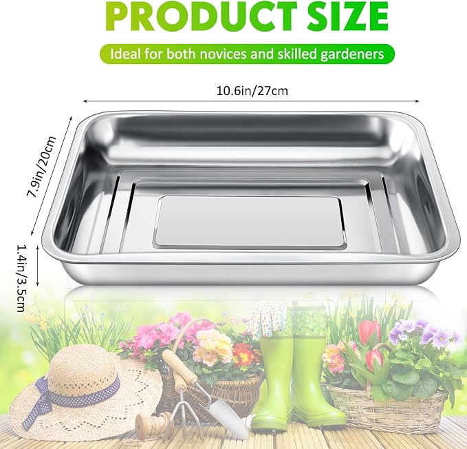 FillTouch 10 Pcs Stainless Steel Seed Starter Tray, Stainless Metal Garden Trays, Nursery Seedling Pots for Collection Transplantation & Propagation Flats, No Drain Holes(10.6 x 7.9 x 1.4 Inch)