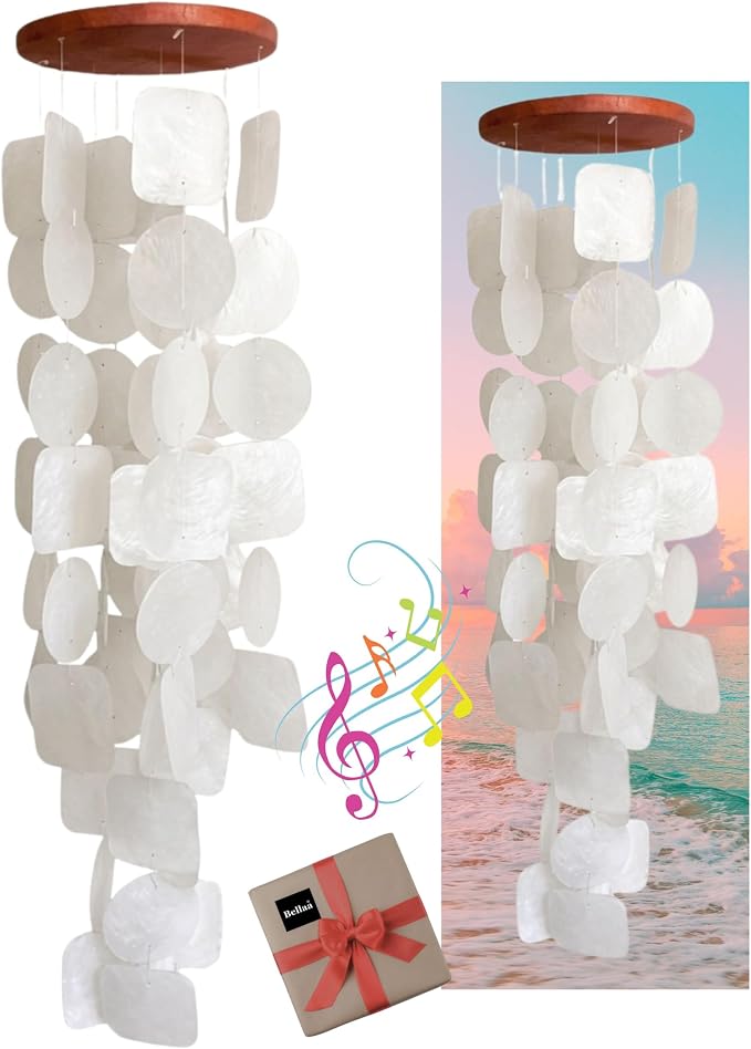 Bellaa 22913 Wind Chimes Outdoor, Garden Decorations, Musical, Indoor/Outside Windchimes, Beach, Ocean Breeze, Gifts for Mom, Gift for All Occasions, Capiz Sea Glass Shells Wood White 27 inch