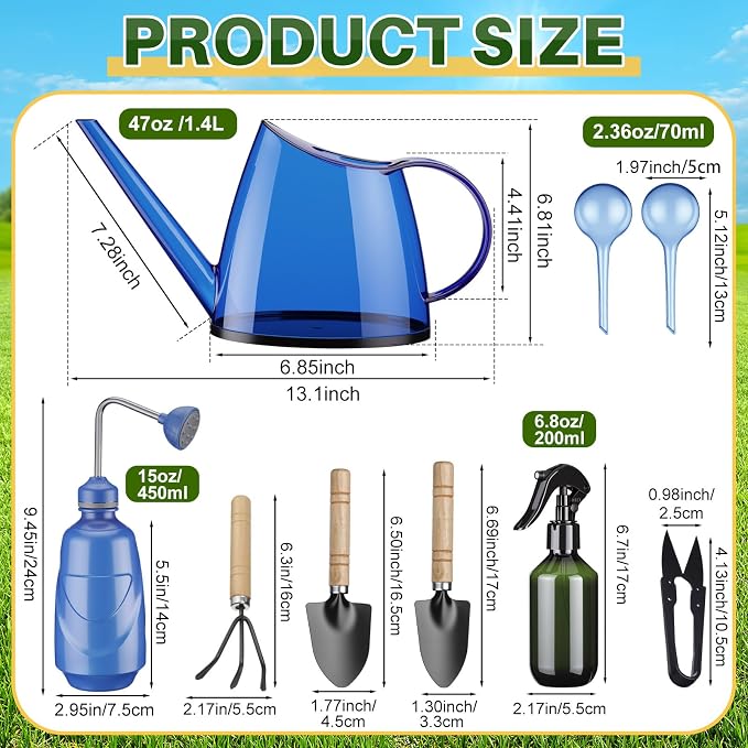 Indoor Plant Watering Can Set, 13 Pcs Garden Set with 47 oz Long Spout Can, Spray Mister, Squeeze Bottle, 6 Self Watering Globes, Gardening Tools & Pruning Scissors for Plants(Blue)