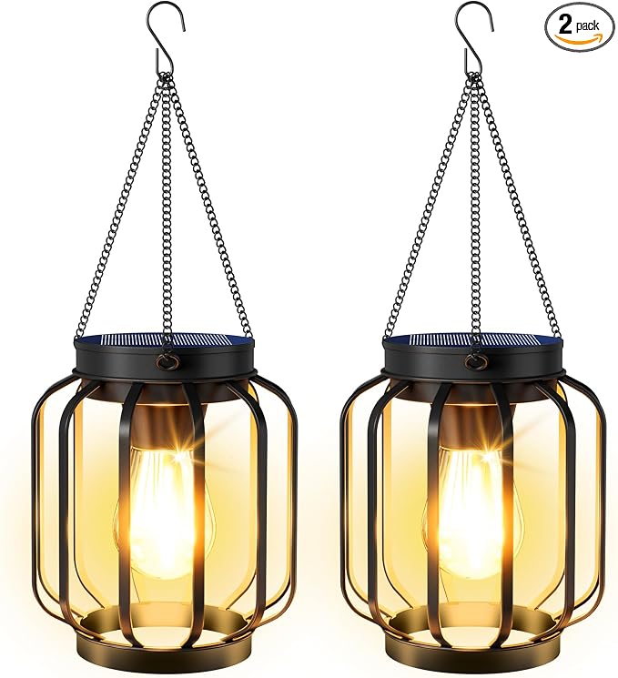 Solar Lanterns Outdoor Waterproof 2 Pack, 14.37'' Metal Hanging Solar Lights for Outside with Auto On/Off & Hook - Brighter Hanging Outdoor Lanterns Decorative Lighting for Garden Patio Yard