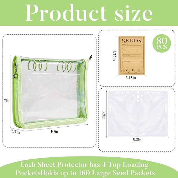 Seed Storage Organizer Binder, Seed Packet Organizer with 160 Pockets(80 Pack Resealable Seed Envelopes),3.9x5.3 Inch Clear Sleeves, Seed Saver for Garden Lover(Green)