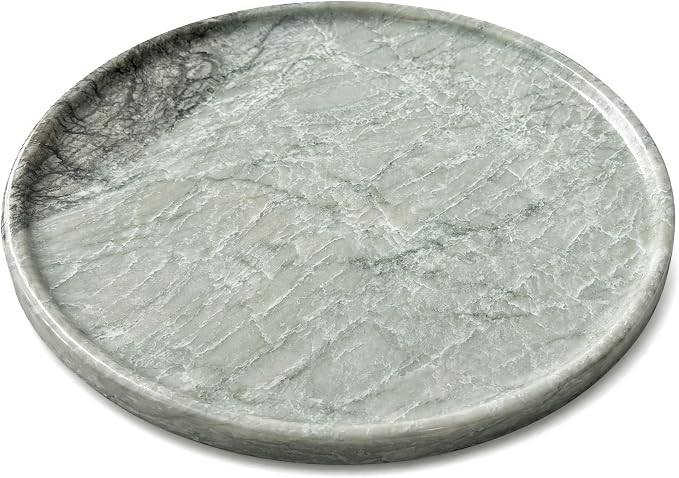 Real Natural Marble Round Tray 10.2in Solid Stone Decorative Plate | Luxury Light Green Marble Decor Tray for Candle, Jewelry, Plant. Food-Safe Solid Stone Serving Dish with Unique Veining
