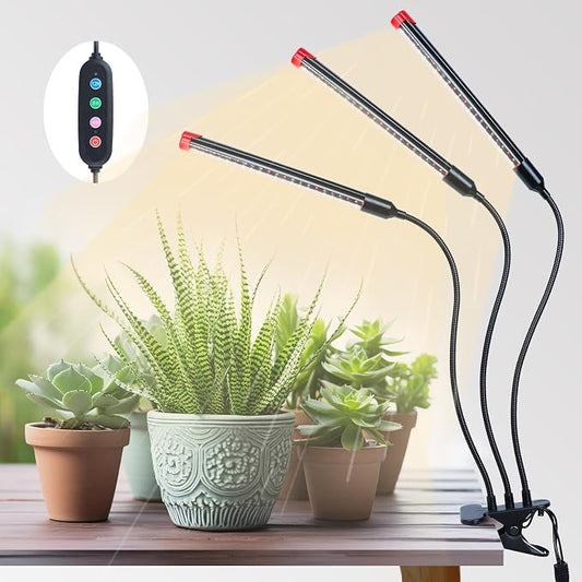 3Head Clip Grow Light, 27 Watt Brightest Full Spectrum Grow Lights for Indoor Plants, Seed Starting, Bonsai, Pot Plants, Seedlings, 5-Mode Timer 4/8/12/16/20H, NO Need Adapter