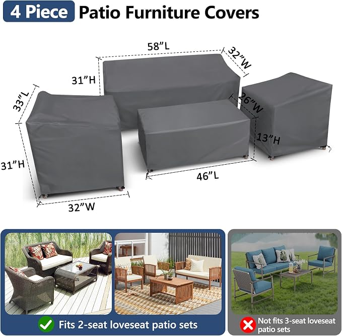 STARTWO Patio Furniture Covers, 4 Piece Heavy Duty Waterproof Outdoor Furniture Cover with Windproof Buckle Strap, for Lawn Rattan Wicker Couch Chair Set, Grey-XXL