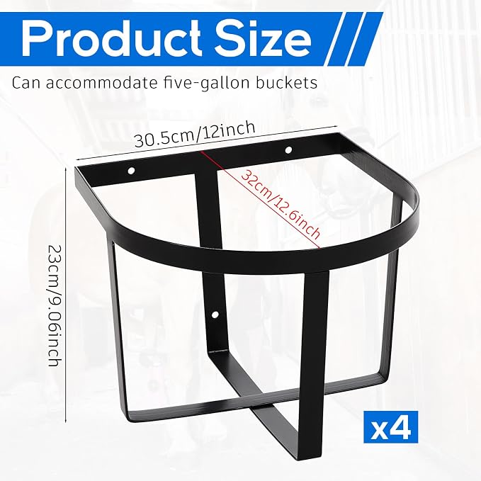 Teenyyou 4 Pcs Heavy Duty Metal Bucket Holder 5 Gallon Horse Water Feed Bucket Holder Pre Installed Pail Accessories Wall Mount Hang Organizer for Horse Stalls Barn Farmhouse Supplies