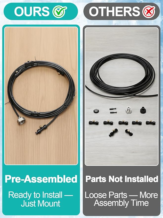 Pre-Assembled Chicken Coop Misting System for Cooling - Leak-Resistant Mist Hose Kit for Summer Poultry Heat Relief, Included 26ft Line, 3/4" Adapter, 7 Brass Nozzles, Filter Gasket Accessories