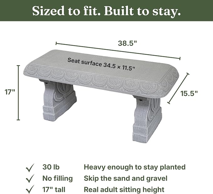 Limestone White Patio Bench - Small Outdoor Bench - Front Porch Seating for Garden Yard - Outdoor Seat Backless Decorative Pedestal Patio Furniture - Weather Resistant Realistic Stone Look