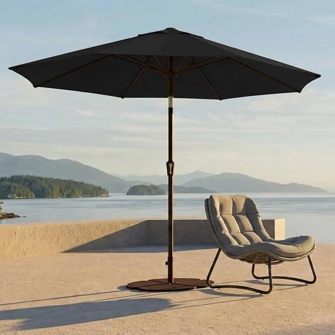 Kingdura 9FT Outdoor Patio Umbrella, Round Market Table Umbrella with Push‑Button Tilt and Crank Lift, 8 Sturdy Metal Ribs, UV50+ Protection Canopy for Backyard, Lawn, Deck, Poolside, Garden (Black)