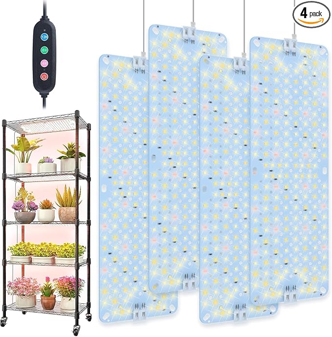 4Pack 2026 Ultra-Thin Panel Grow Lights for Seed Starting, Vegetables, Greenhouse & Under Cabinet & Shelf Plants with Timer 4/8/12/16/20H, Free Connect Full Spectrum Indoor LED Plant Growing Lamps
