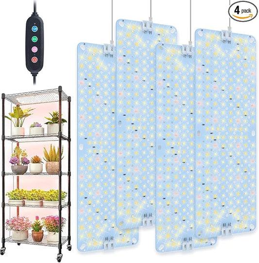 4Pack 2026 Ultra-Thin Panel Grow Lights for Seed Starting, Vegetables, Greenhouse & Under Cabinet & Shelf Plants with Timer 4/8/12/16/20H, Free Connect Full Spectrum Indoor LED Plant Growing Lamps