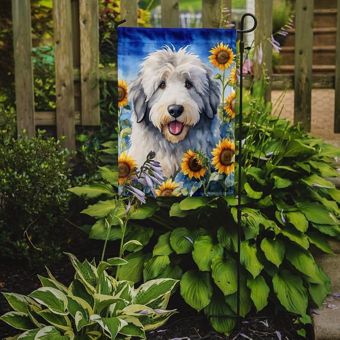 Caroline's Treasures DAC6129GF Old English Sheepdog in Sunflowers Garden Flag Mailbox Flag Decorative Yard Flag Banner Outside Patio Artwork Yard Flower Beds, Garden Size, Multicolor