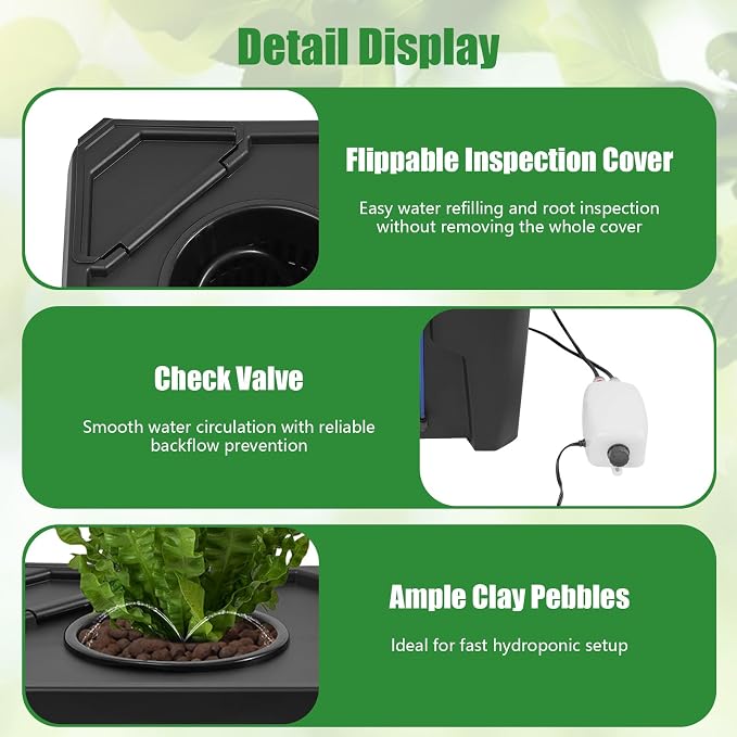DWC Hydroponics Grow System 7.13 Gal Deep Water Culture Kit Auto Irrigation Sets w/8W 110V Air Pump, 12inch Bucket, Flippable Inspection Cover, for Indoor Gardening Vegetables (1 Buckets+7.13 Gal)