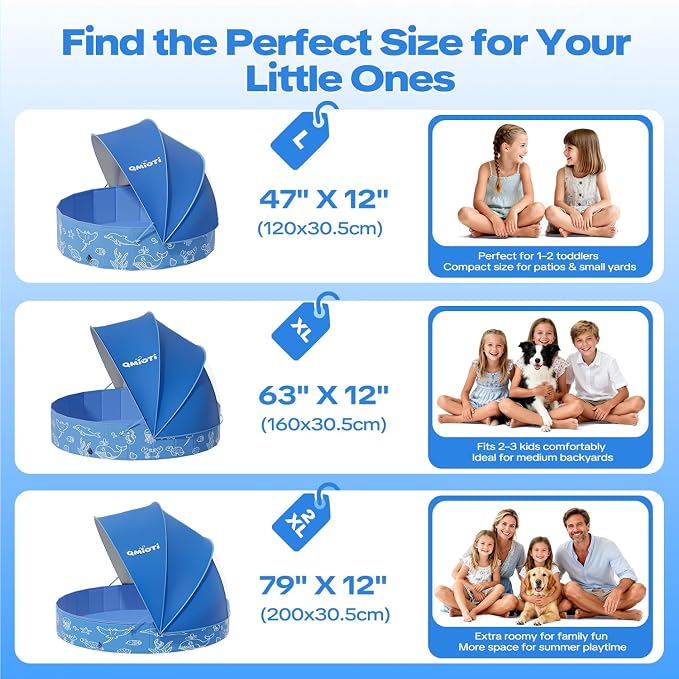 Foldable Kiddie Pool with Canopy, 47in Kids Pool with Detachable UPF 50+ Sunshade, Portable Non-Slip Swimming Pool Dog Pool for Backyard, Beach, Outdoor Summer Water Play
