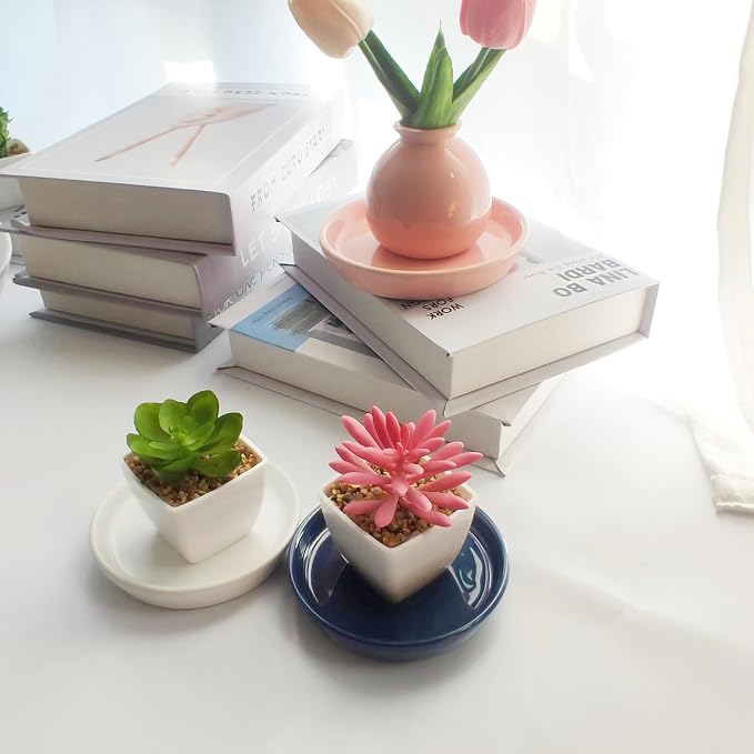 Ceramic Plant Saucer Tray 2 Pcs 3 4 Inch Blue, 4.2" OD x3.5 ID x0.7 Deep| Round Sturdy Heavy Duty Glazed Bevel Planter Drip Flower pots with Catch Basin for Indoor Outdoor Plants(3" Blue)