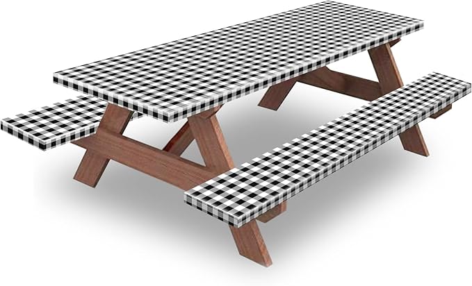 8.5ft Picnic Table and Bench Cover, Camping Essentials RV Gear, 102 in Waterproof Windproof Outdoor Elastic All Around Tablecloth, Fitted Rectangle Tables and Seats, Black-White Checkered