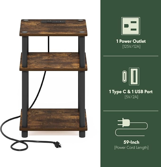 Furinno JUST Side Table, 3-Tier Modern End Table with Charging Station, Easy Assembly Night Stand, Bedside Table with USB and Type-C Port, for Living Room, Bedroom, Amber Pine