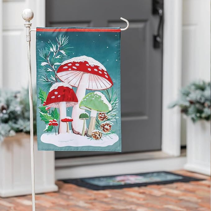 Evergreen Flag Woodland Winter Mushroom Welcome Garden Flags 12x18 Double Sided, Small Garden Flags for Outside, Christmas Garden Flag, Winter Yard Flags Outdoor Decoration