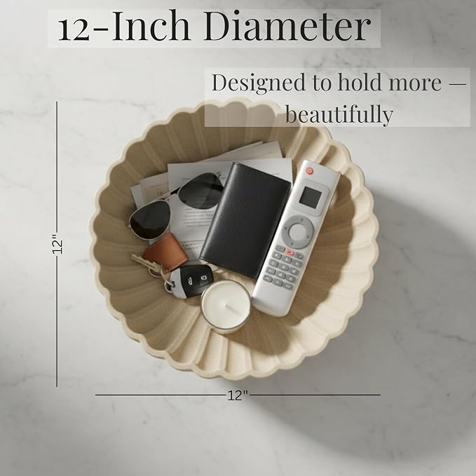 | Decorative Concrete Bowl | Large Handcrafted 12 Inch Ceramic Fruit Bowl | Decorative Bowl for Keys & Entryway Decor | Modern Home Decor Centerpiece | Sand Beige