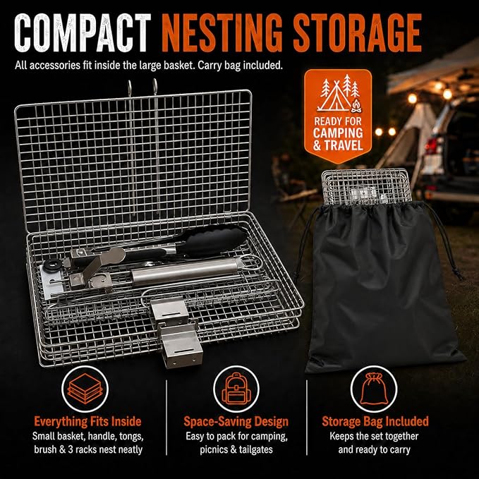 8-Piece BBQ Grill Basket Set - Stainless Steel Vegetable Grilling Basket with Detachable Handle & Lid, Portable Fish Grilling Basket & Meat Roaster, Grilling Gifts for Men Dad