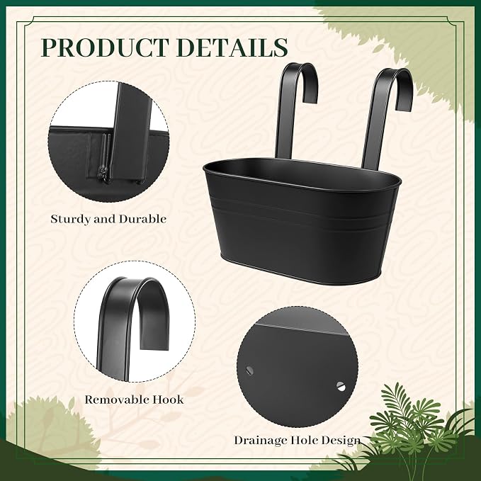 16 Pcs Hanging Flower Pots Planters for Outdoor Metal Iron Wall Flower Planter Baskets for Railing Fence Balcony Garden Yard Home Indoor Decoration with Detachable Hooks(Black)