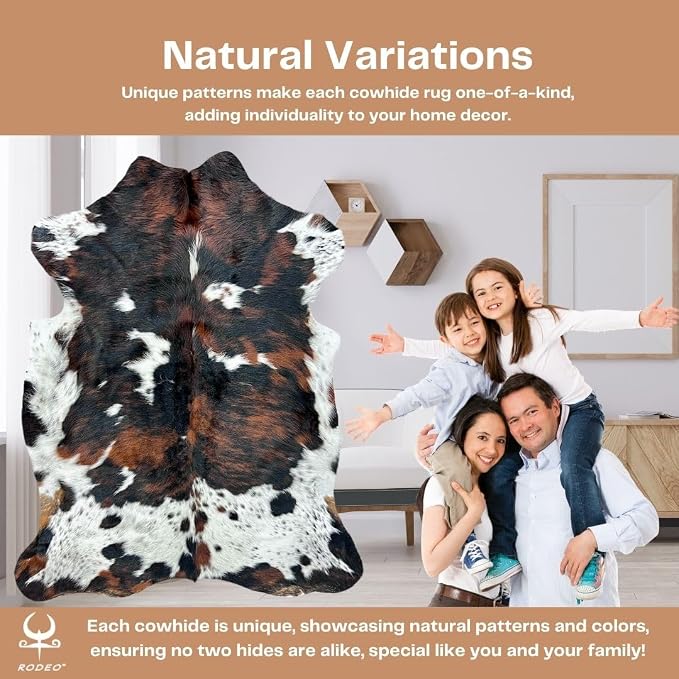 rodeo Genuine Cowhide 6x8 ft – Real Cow Hide Rug Dark Tricolor Brindle – Natural Hair-on Cow Skin Area Rug for Living Room, Western Rug Home Décor, Rustic Brown and White Cow Print Carpet
