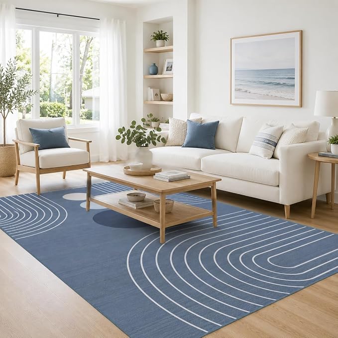 Area Rug 5x7 Boho Modern Minimalist Geometric Abstract Rug Dusty Blue Mid Century Modern Rug for Living Room Machine Washable Non-Slip Printed Low Pile Indoor Carpet for Bedroom Dining Room Office